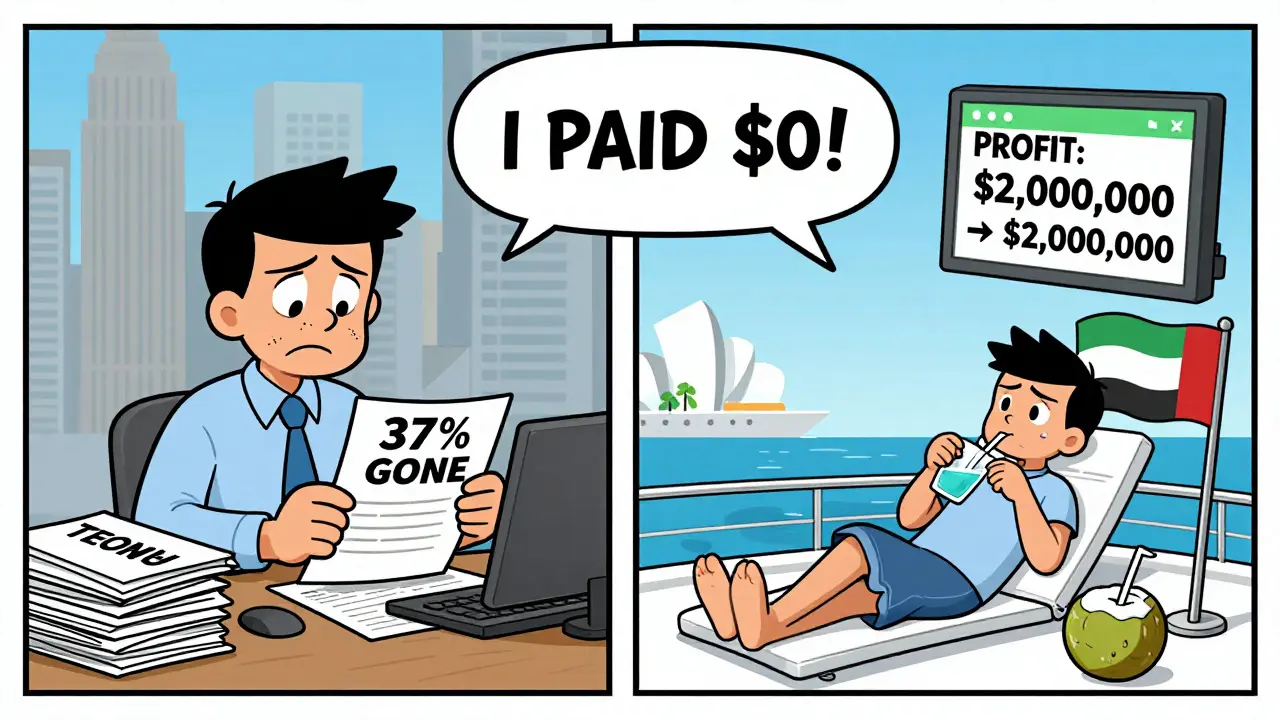 Split cartoon scene: stressed taxpayer in New York vs. relaxed crypto investor in Dubai keeping all profits.