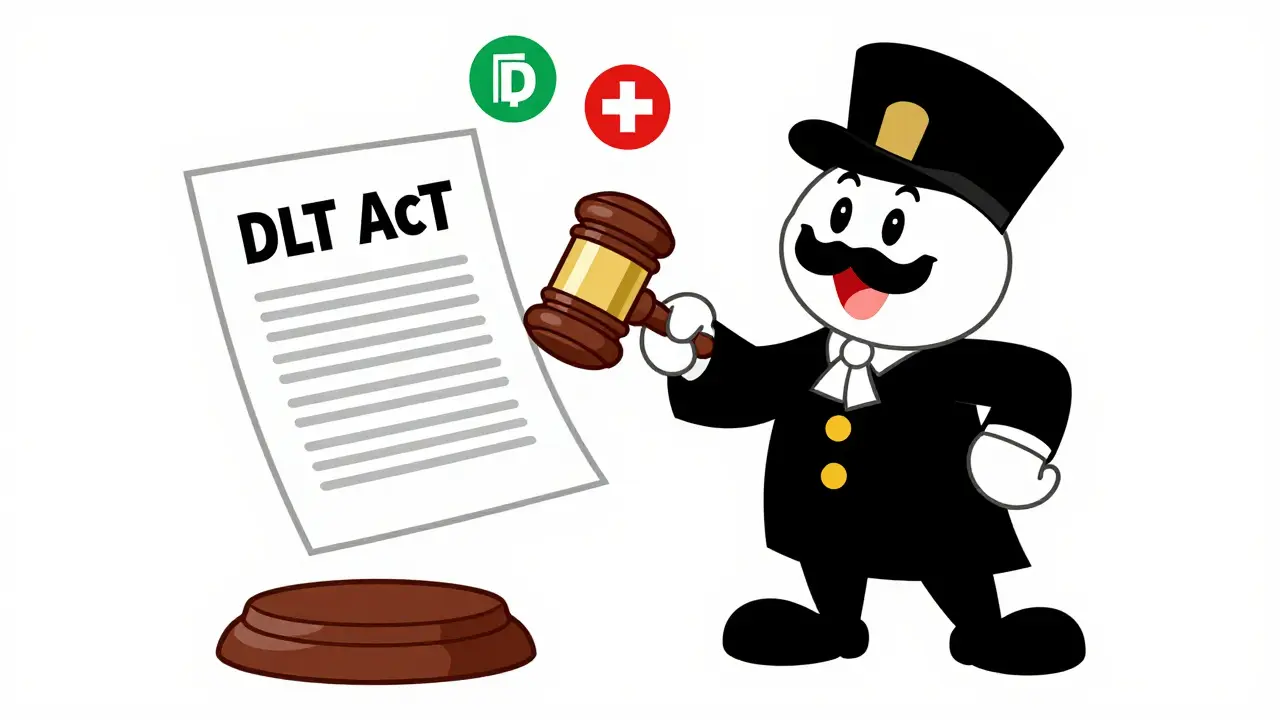 Swiss judge signing DLT Act document with blockchain symbols in cartoon style