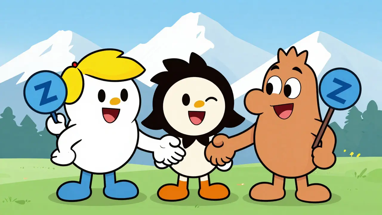 Three blockchain companies shaking hands in Zug with mountain backdrop