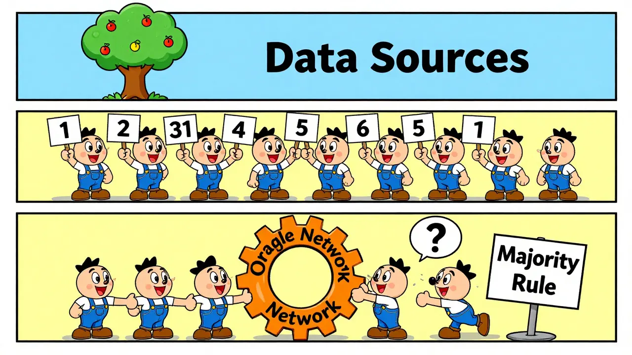 Three illustrated panels show data sources, node operators, and a network gear with hands shaking in agreement.