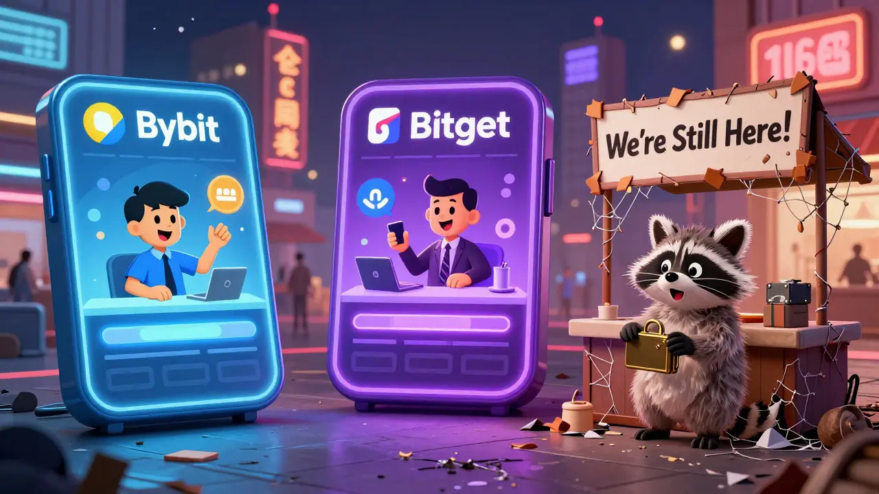 Three modern crypto exchanges glowing with happy users, while OnTrade is a crumbling booth with a confused raccoon holding a wallet.
