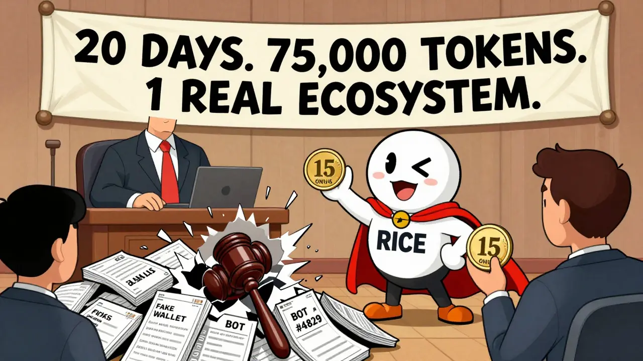 A cartoon judge smashing bot accounts while a RICE Wallet hero stands beside a real user with ONUS tokens.