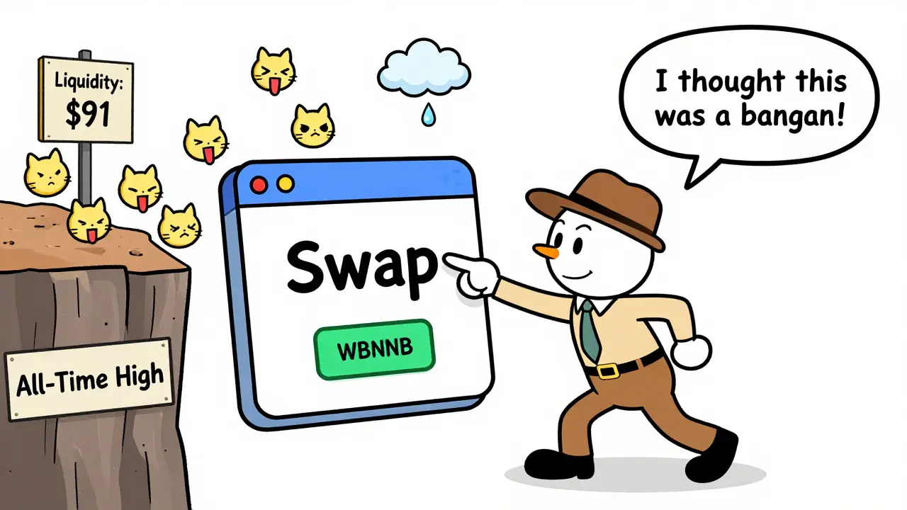 A cartoon trader nervously swapping tokens as BABYCAT coins fall off a cliff labeled 'All-Time High'.