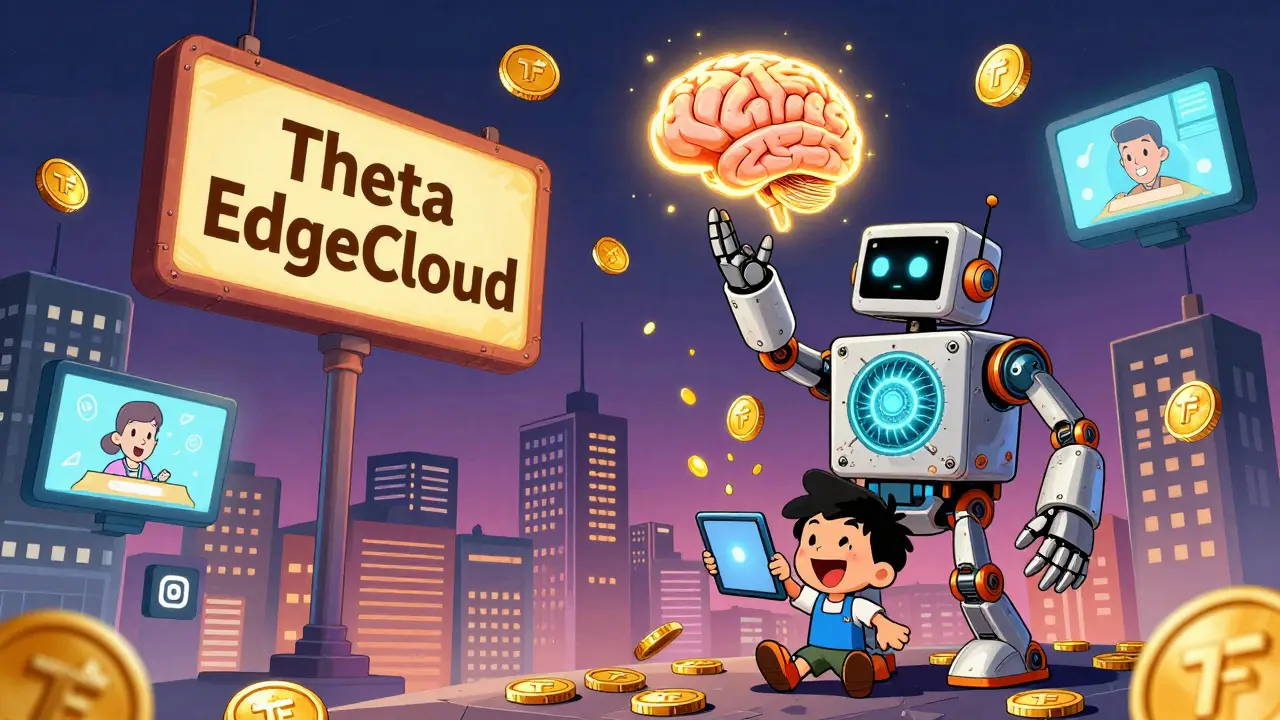 A city of streaming icons where residents earn TFUEL coins, while a GPU robot powers AI in the sky.