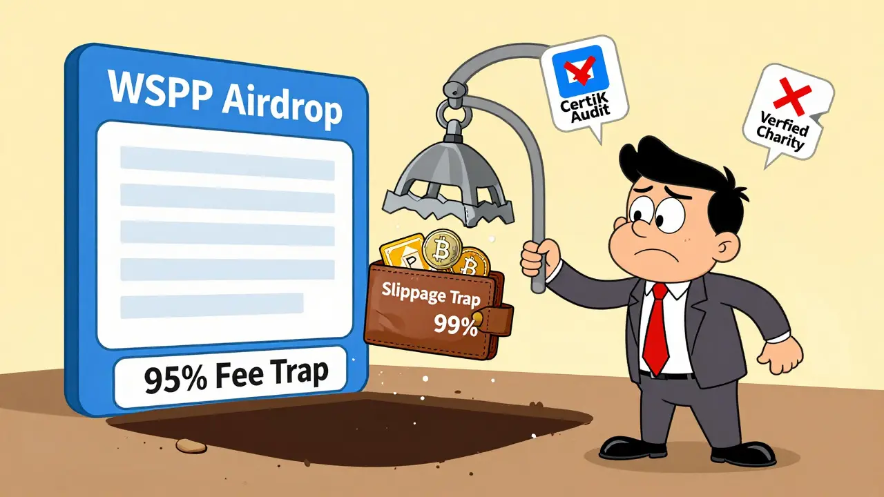 A confused investor's wallet is sucked into a pit marked '95% Fee Trap' by a giant claw labeled 'Slippage 99%'.
