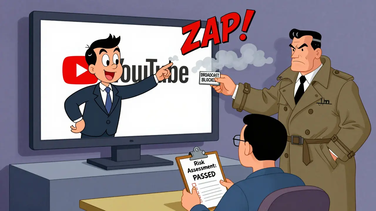 A crypto CEO's ad vanishes as an FCA inspector shuts down a YouTube broadcast in vintage cartoon style.