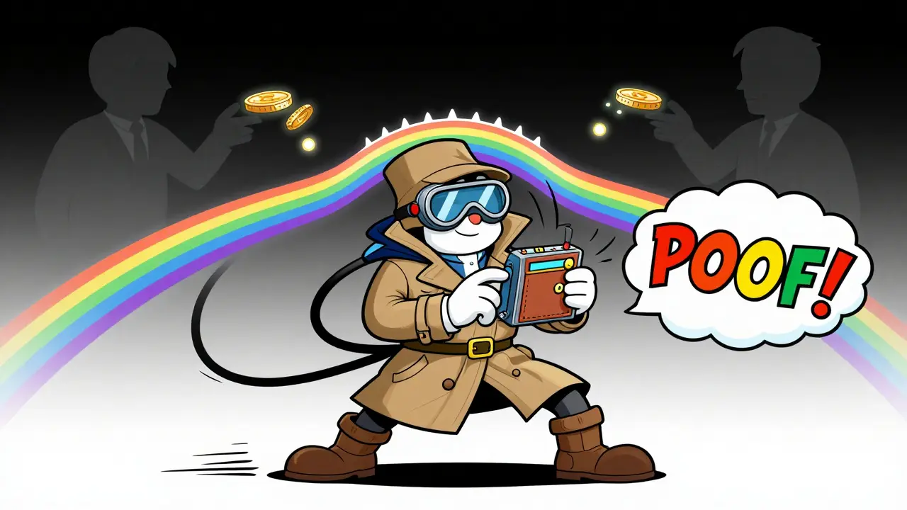 A DeFi adventurer triggers a cross-chain swap with a retro wallet as rainbow ribbons connect two traders on different blockchains.