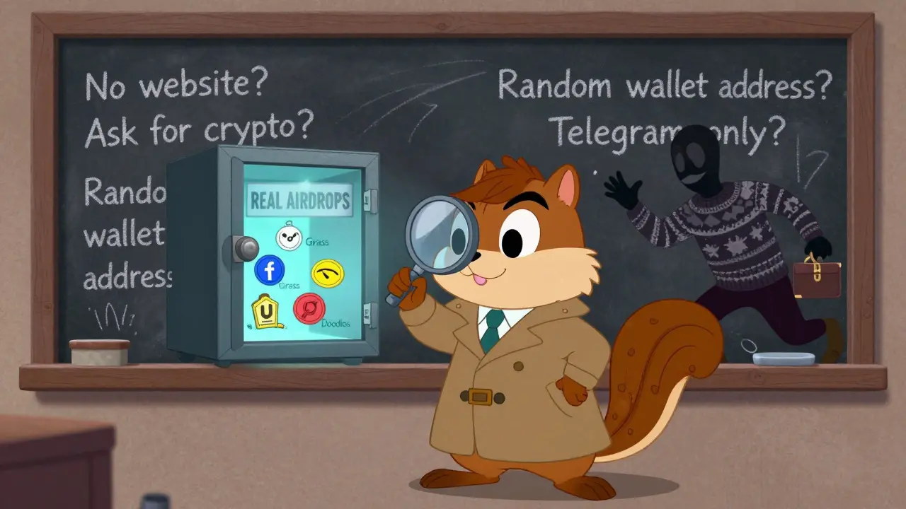 A detective squirrel solves airdrop scam clues as real tokens emerge from a safe.