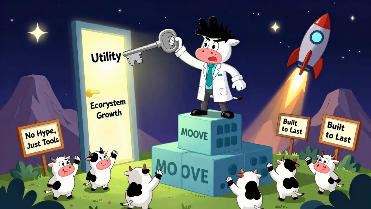 A developer holding a utility key unlocking an ecosystem door, with Cow Cow NFTs cheering below.