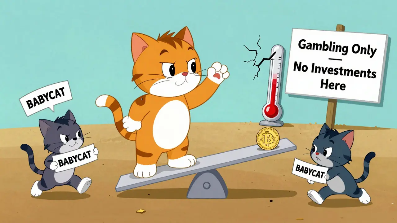 A giant cat-paw token on a seesaw with Bitcoin, while three confused cats chase each other with different contract addresses.