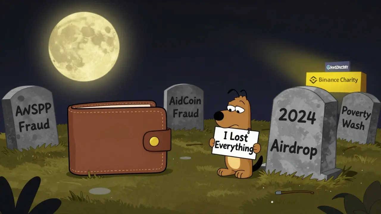 A graveyard of dead crypto scams under a wallet-shaped moon, with one dog mourning a lost airdrop.