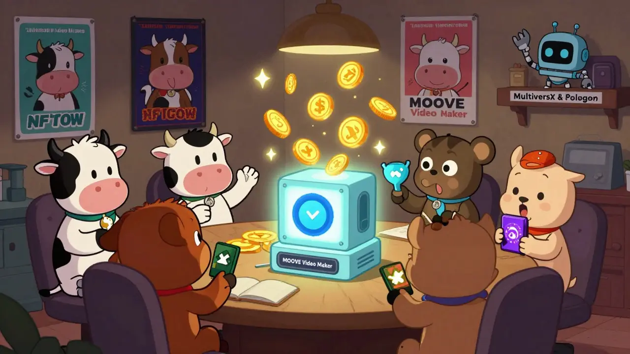 A group of cartoon NFT owners using a quirky machine to create AI videos, surrounded by blockchain-themed decor.