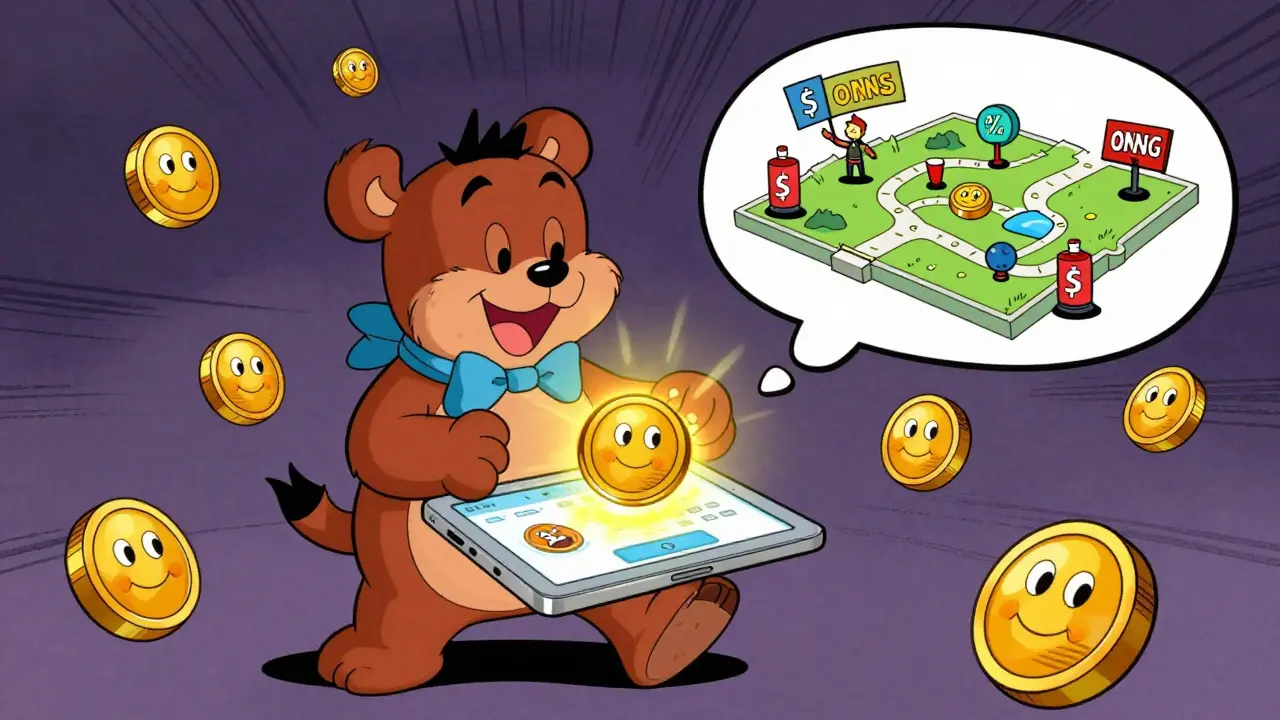 A happy user opening RICE Wallet with floating ONUS tokens and icons of staking and trading around them.