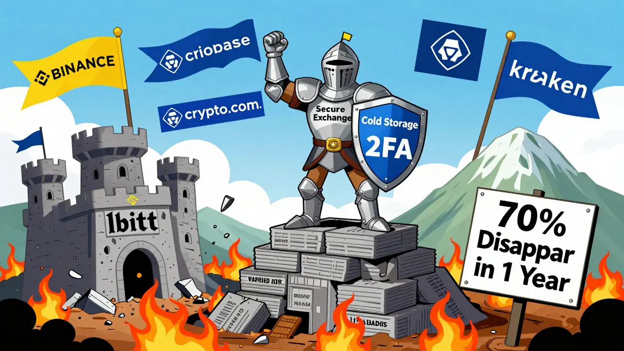 A heroic crypto knight stands guard over trusted exchanges while a fake 'Ibitt' castle collapses into phishing flames.