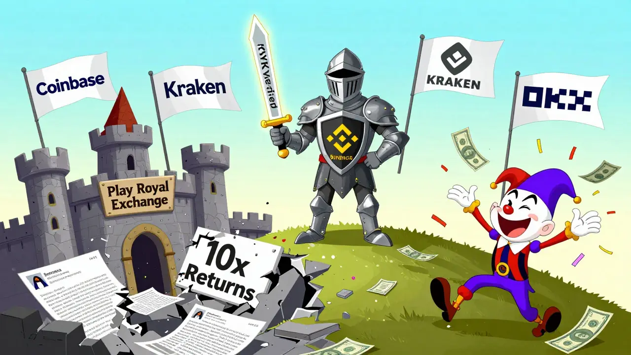 A heroic crypto knight stands with legitimate exchanges as a scam castle crumbles into stolen cash.