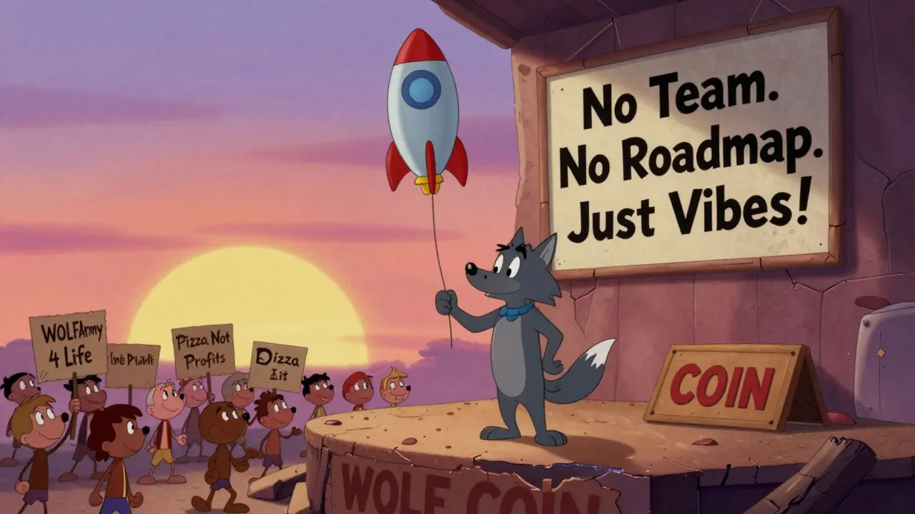 A lonely wolf stands on a fading stage labeled 'WOLF COIN' as tiny fans wave signs, in Hanna-Barbera cartoon style.