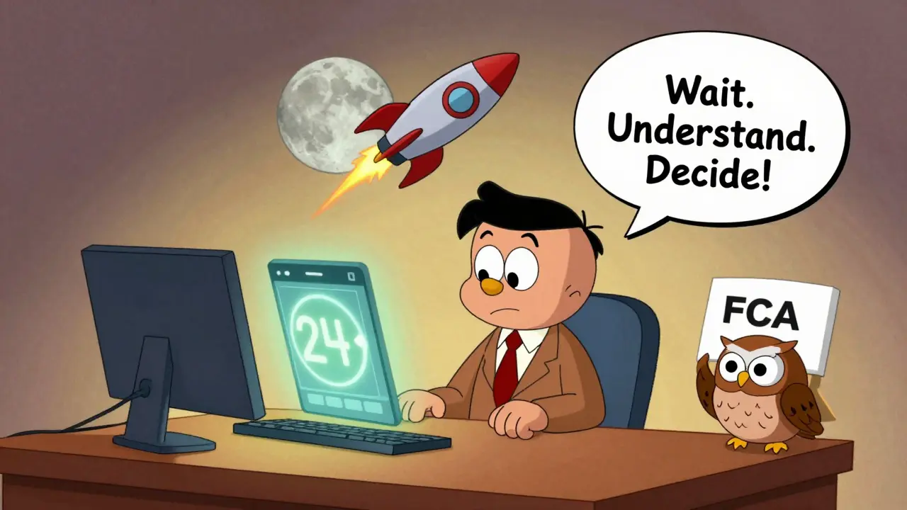 A person waits out a 24-hour cooling-off period while a wise owl reminds them to think before investing.