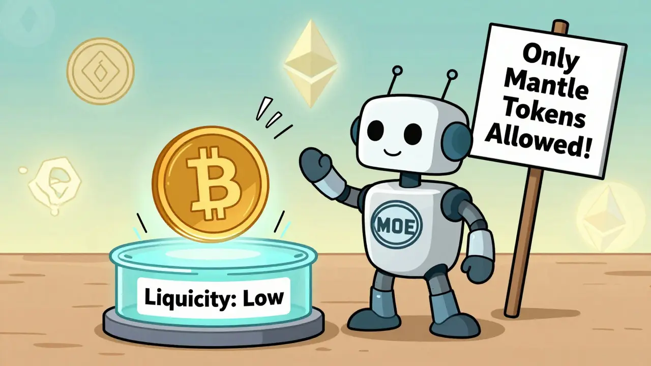 A robot guard blocks non-Mantle coins from a tiny trading pool, with minimalist token icons floating around.