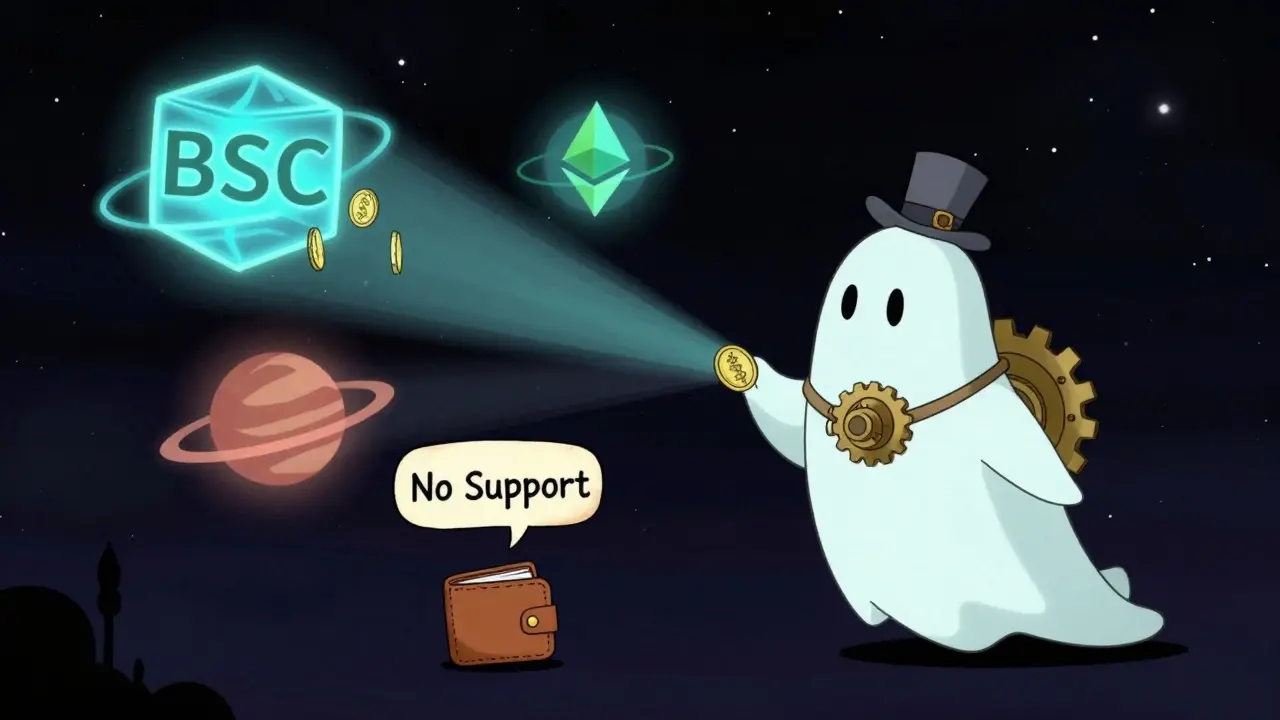 A silent ghostly gear engine hums between three orbiting blockchains, while a tiny wallet floats alone with no support.