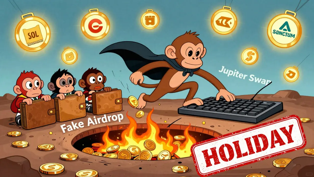 A Solana monkey hero saves wallets from a fake airdrop trap while real airdrops shine above.