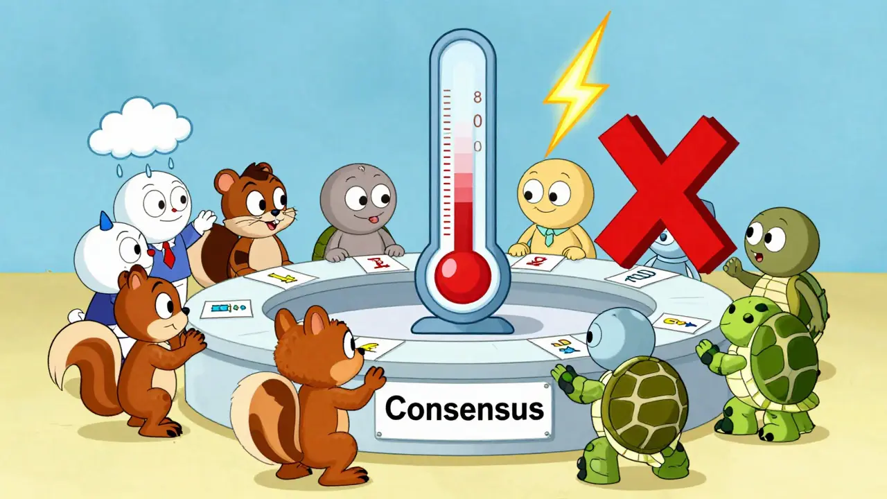 A team of quirky oracle nodes vote on data, with one trying to cheat but being caught by a giant X, in a vibrant cartoon setting.