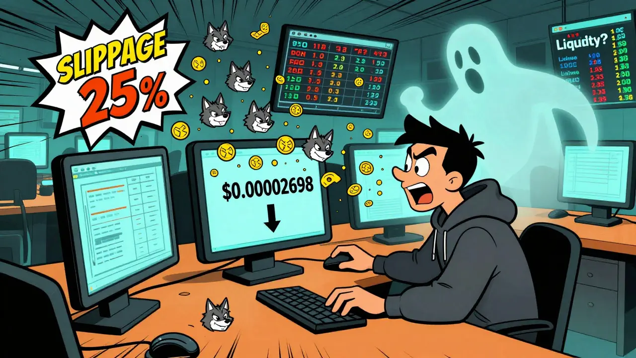 A trader panics as WOLF token prices crash with 25% slippage, in classic Hanna-Barbera cartoon style.