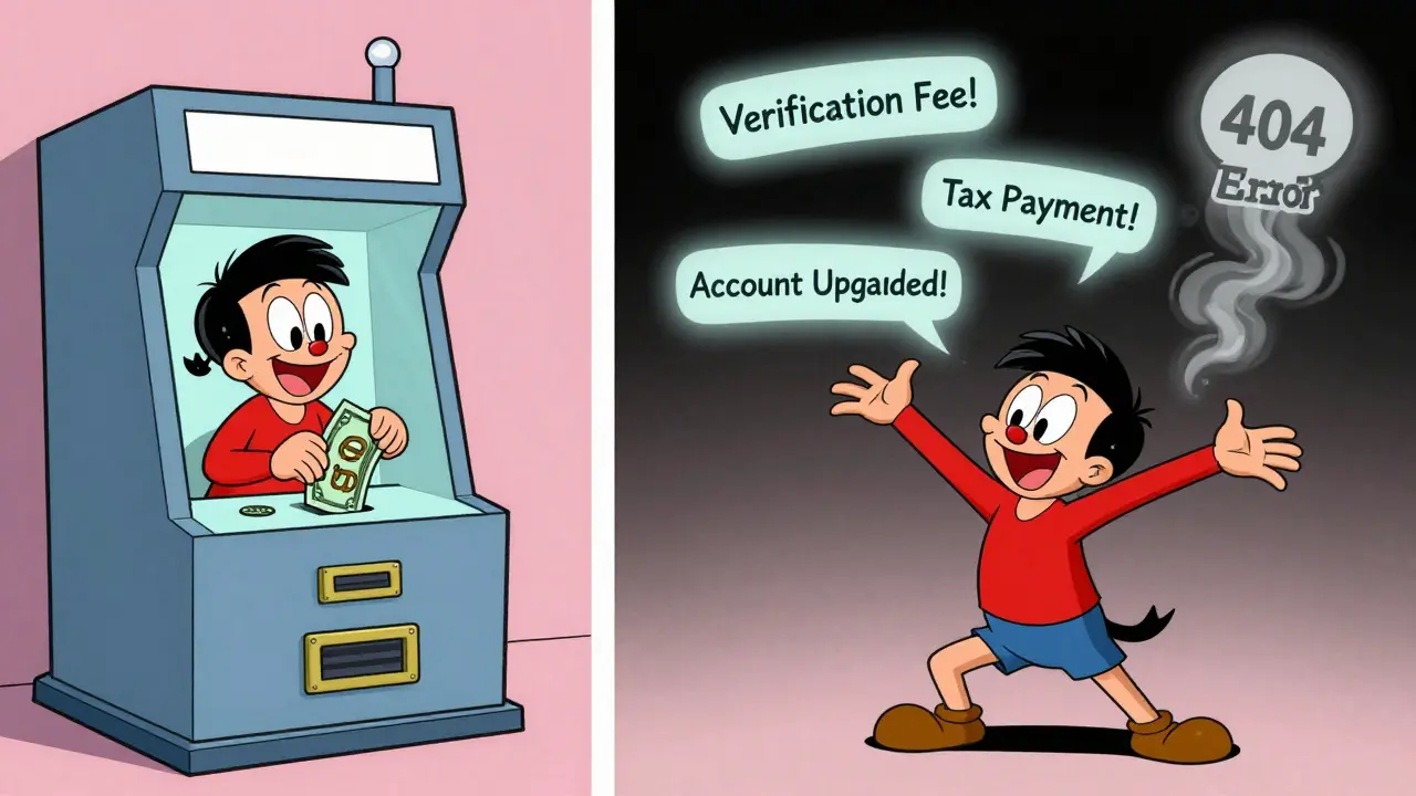 A user happily deposits money, then desperately reaches for a vanished website with fake fee demands.