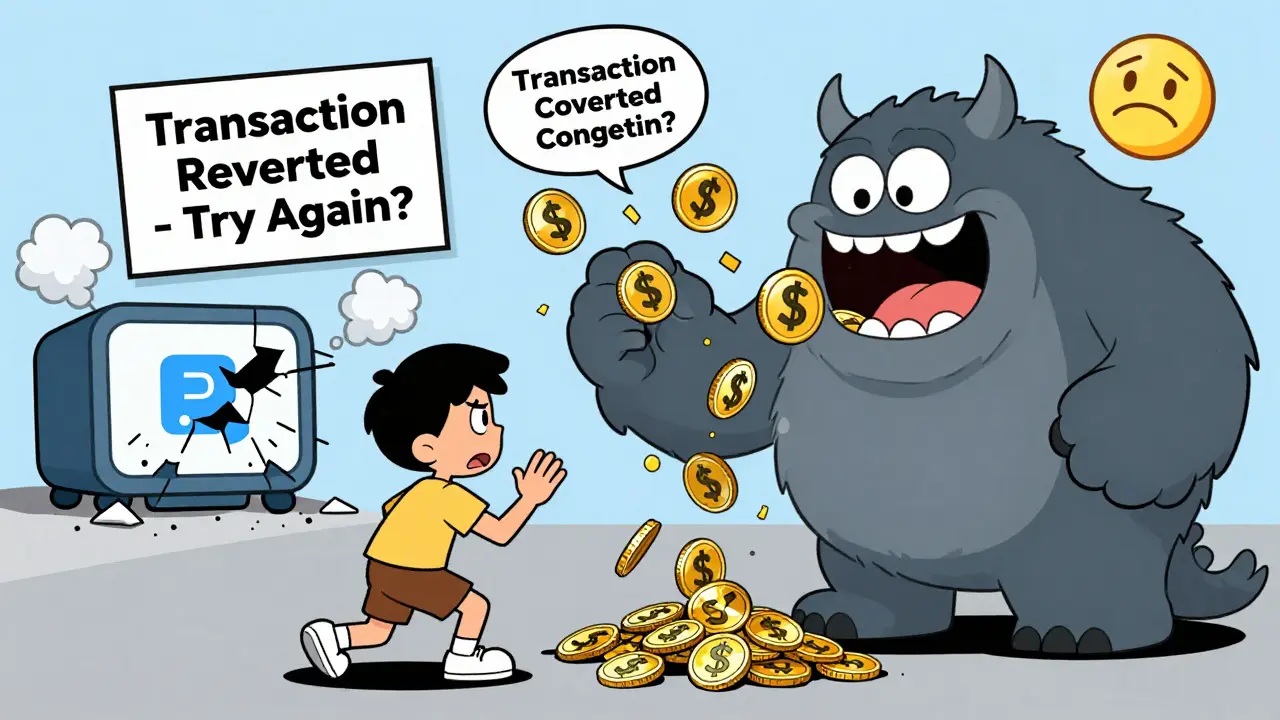 A user losing crypto to a giant gas fee monster while a Web3 app crashes with cartoon smoke and error signs.