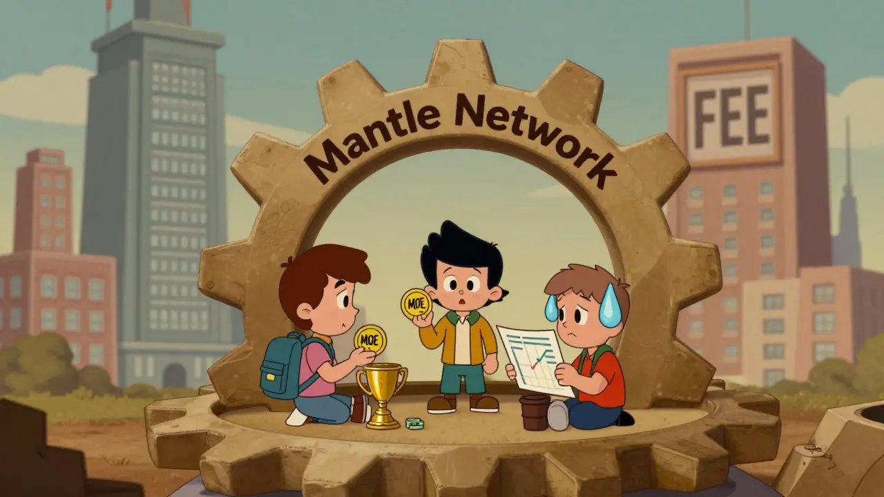 A whimsical trading post inside a blockchain gear, with users trading while giant fee-filled exchanges loom nearby.