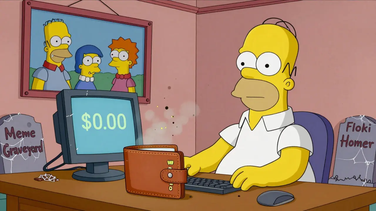 An abandoned wallet labeled 'SIMPSON 2.0' on a dusty desk, with a faded Simpsons mural and 'Meme Coin Graveyard' sign in background.