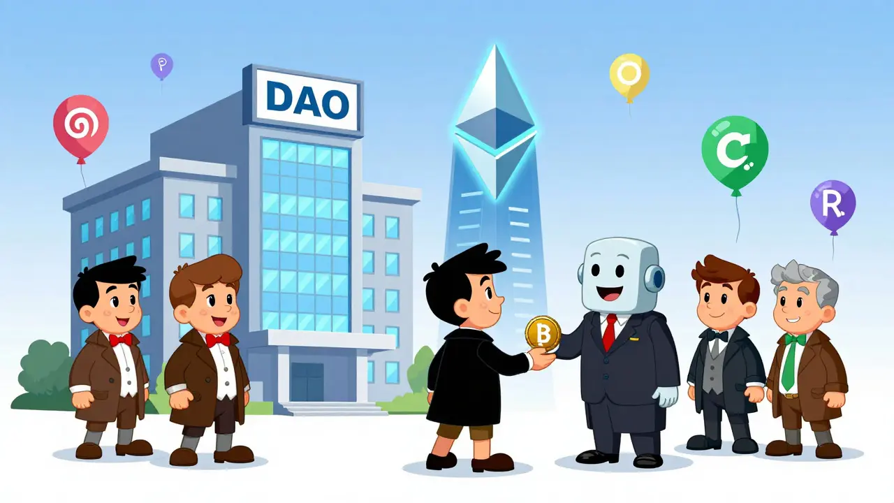 Animated investors handing ETH to a robot lawyer beside a blockchain tower and startup logos.