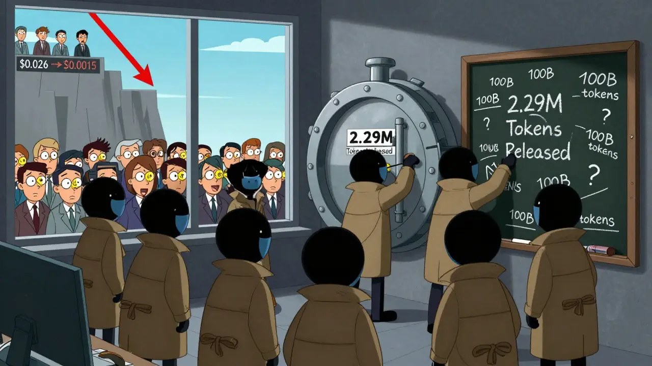 Anonymous developers unlocking tokens while investors watch a crashing price chart in Hanna-Barbera style.