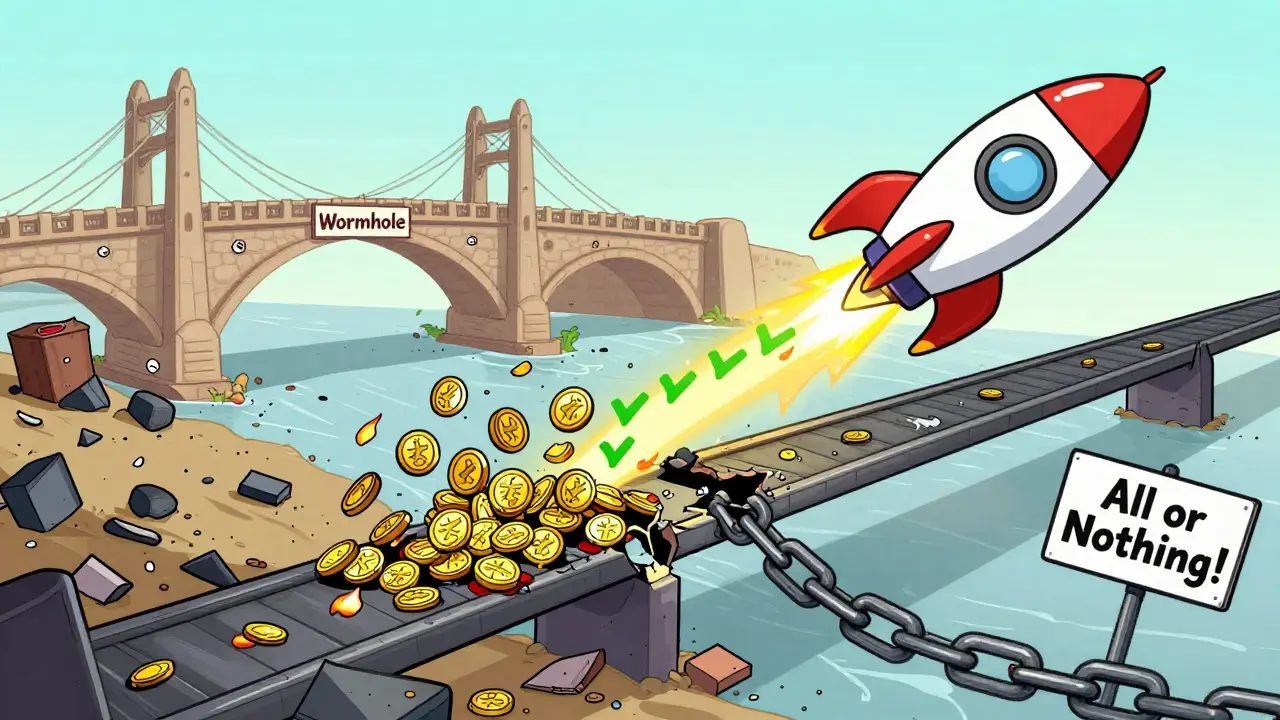 Broken bridges dump tokens into a junkyard while t3rn's rocket ship executes a flawless cross-chain swap.