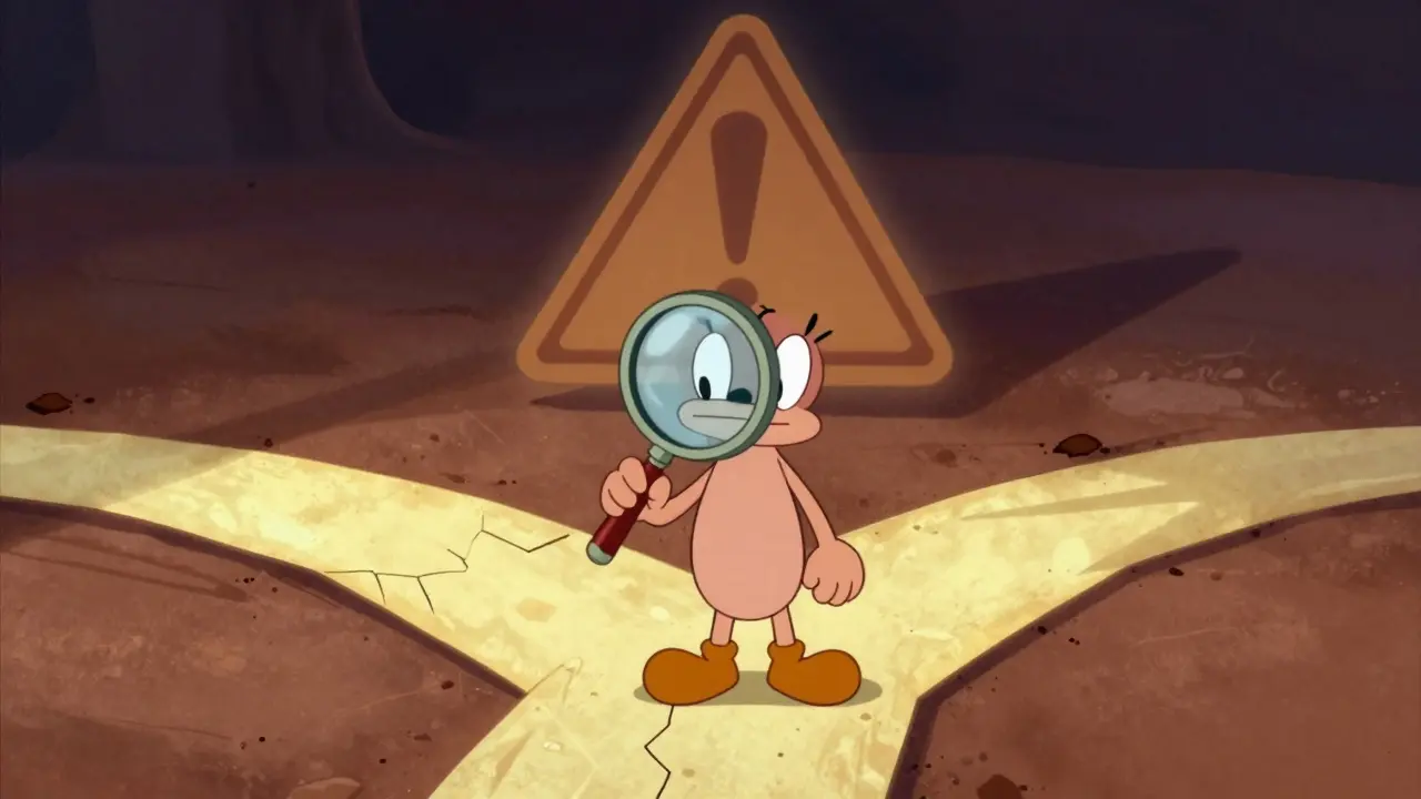 Cartoon character using a magnifying glass at a risky crossroads.