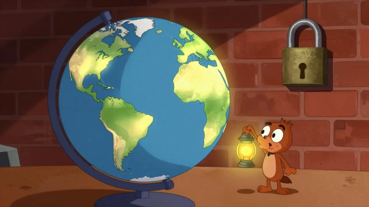 Cartoon globe showing accessible regions and a blocked area.