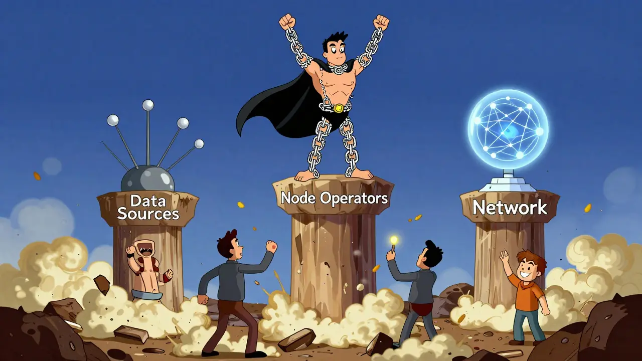 Chainlink Man stands atop three pillars of decentralization as failing centralized oracles crumble behind him in a cartoon landscape.