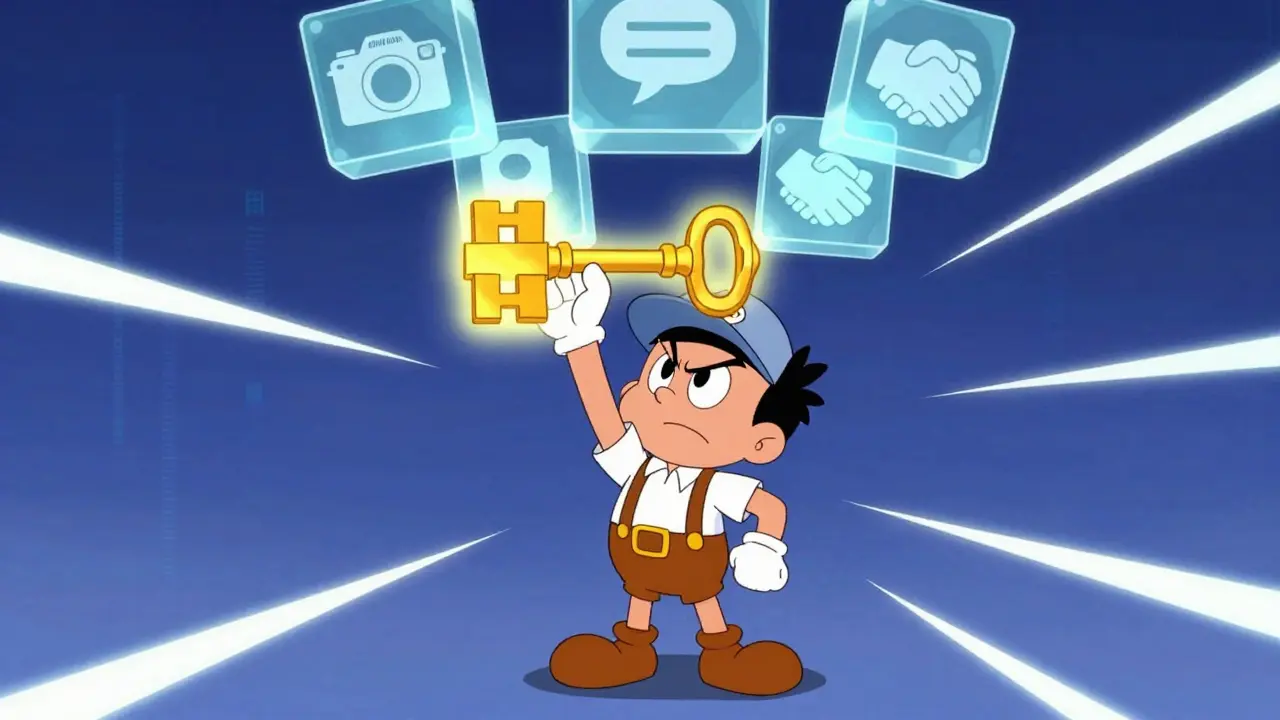 Character holding key with floating blockchain links