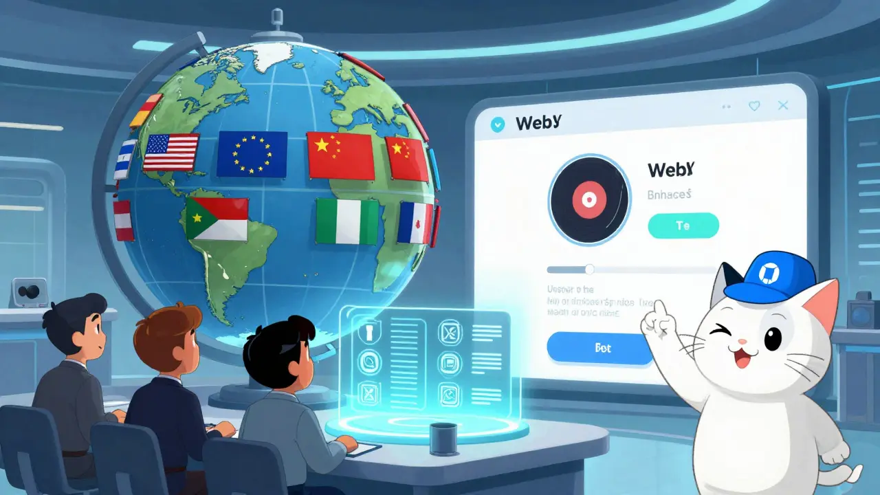 Corporate figures confused by global regulations, while a hidden Web3 system enables one-tap purchases with a smiling cat.