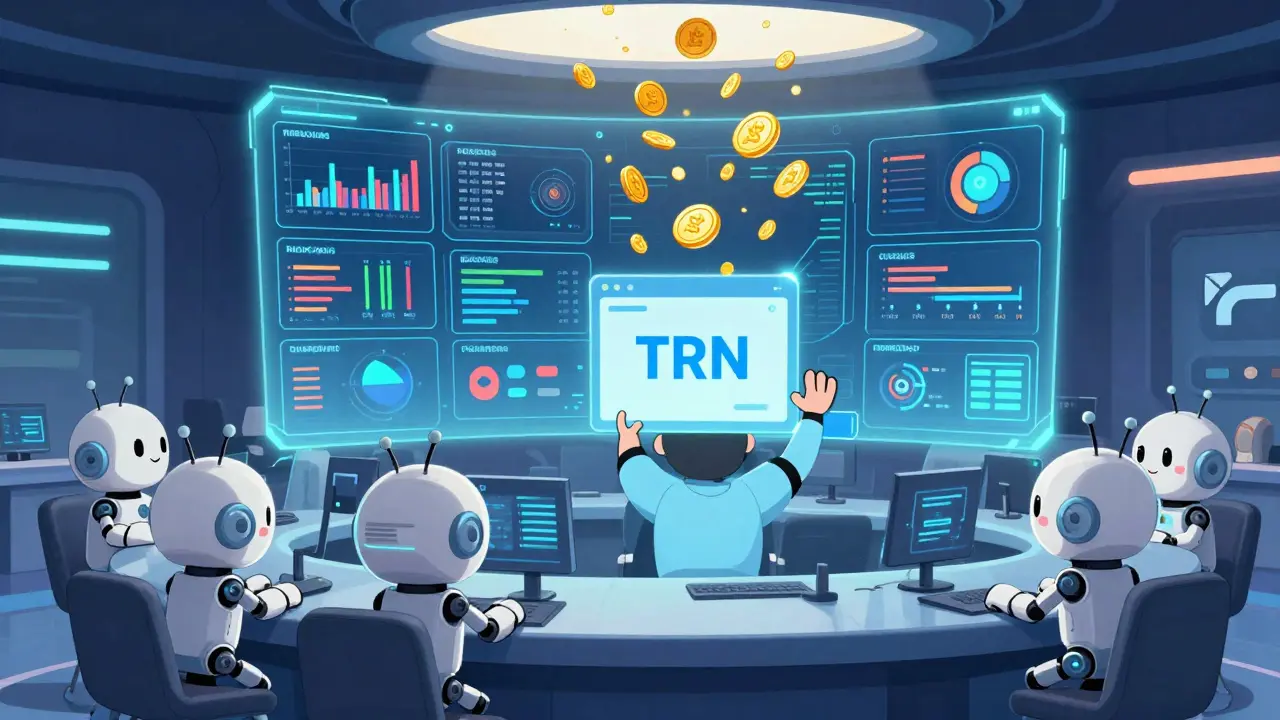 Cute AI robots monitor liquidity on a hologram as a developer earns TRN royalties from a smart contract.