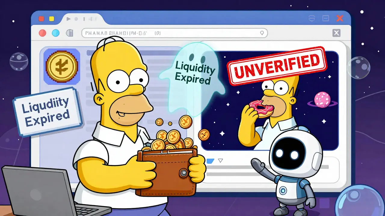 Homer holding a wallet full of tiny coins while an AI bot generates a space donut image, with an 'UNVERIFIED' stamp.