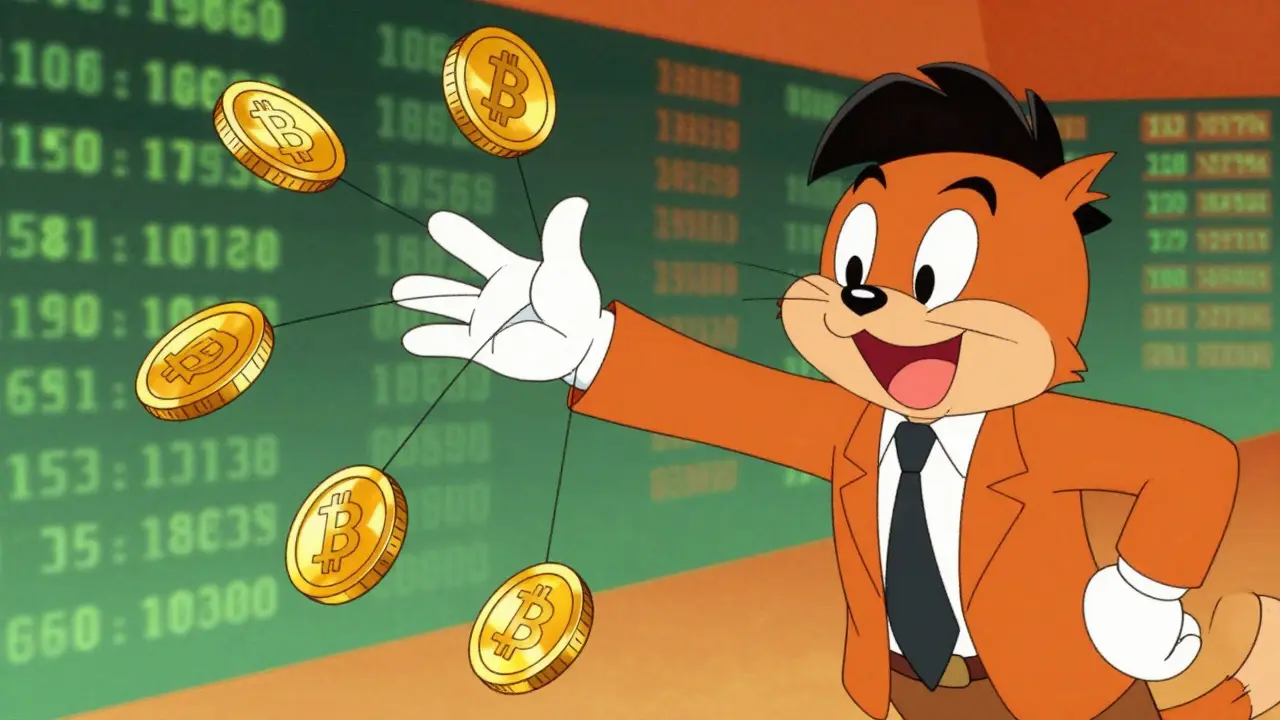 Investor character grabbing floating coins connected by strings.