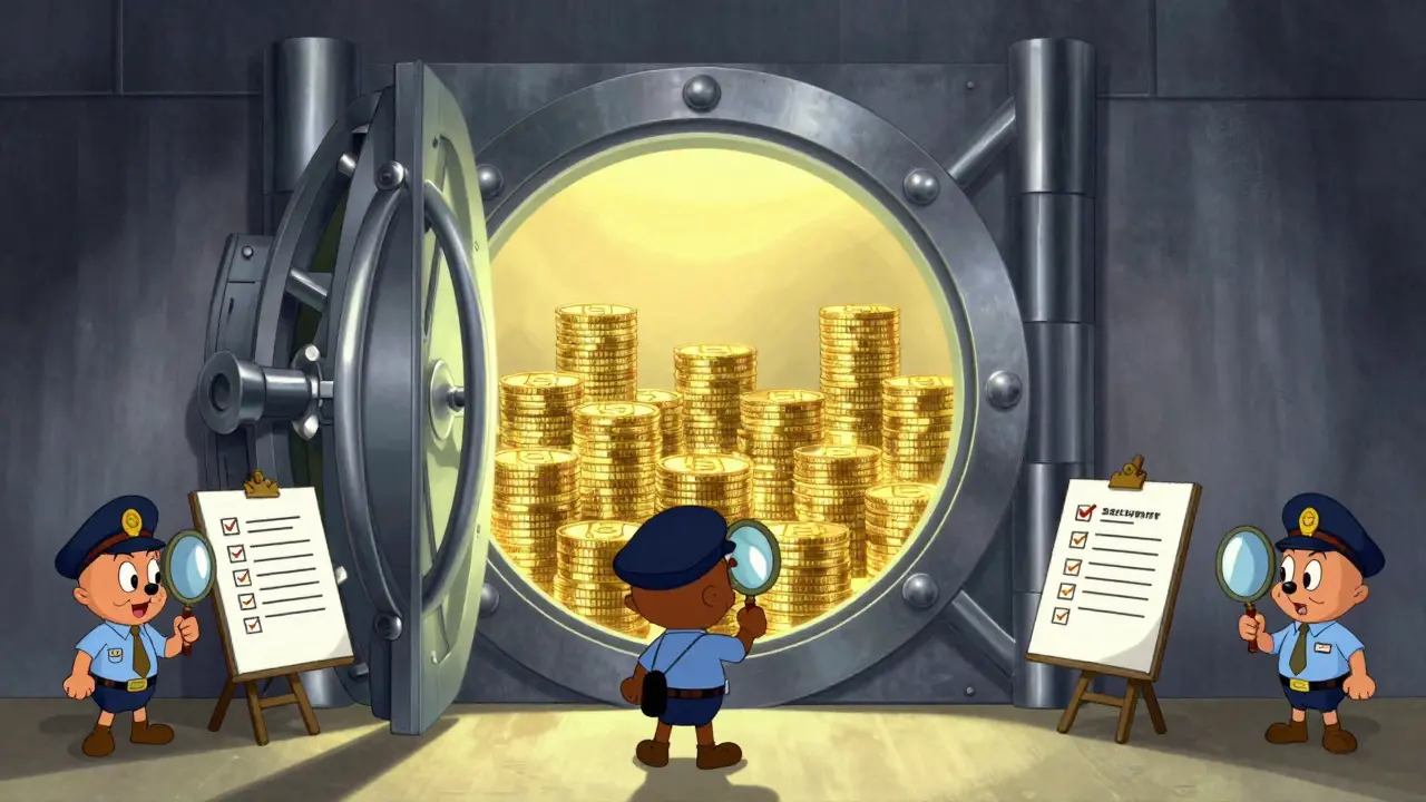 Open vault showing coins with inspectors holding magnifying glasses.