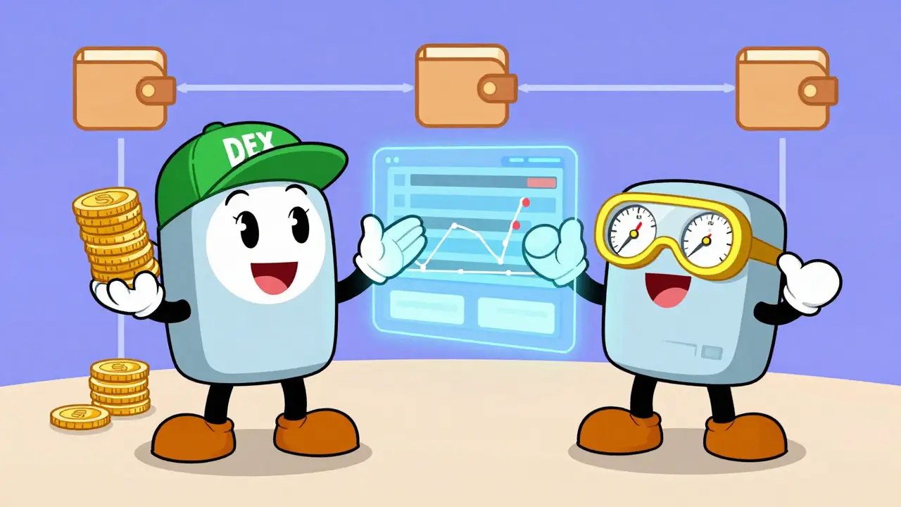 Robot characters representing different DEX platforms