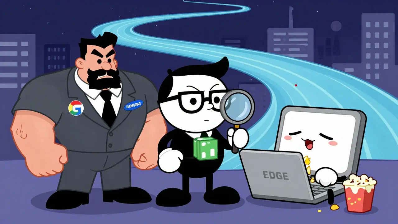 Three cartoon nodes—Enterprise, Guardian, and Edge—work together to deliver video streams in a colorful city.