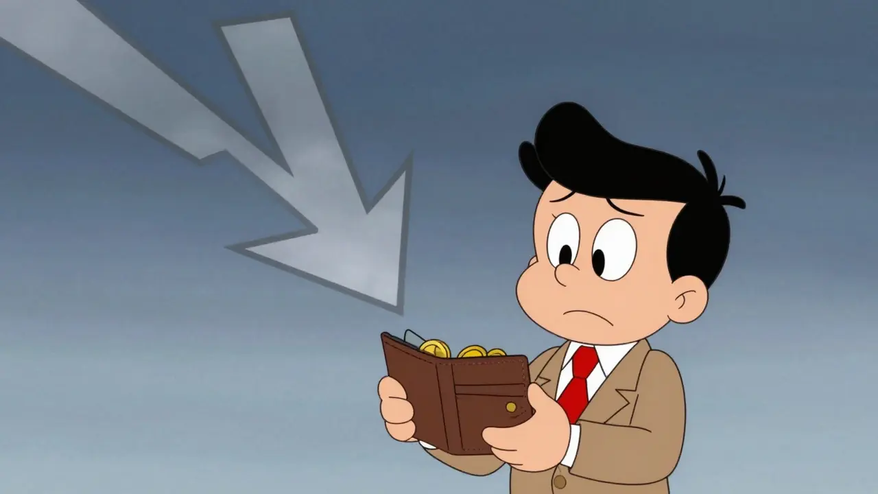 Worried cartoon character holding an empty wallet with a downward arrow.
