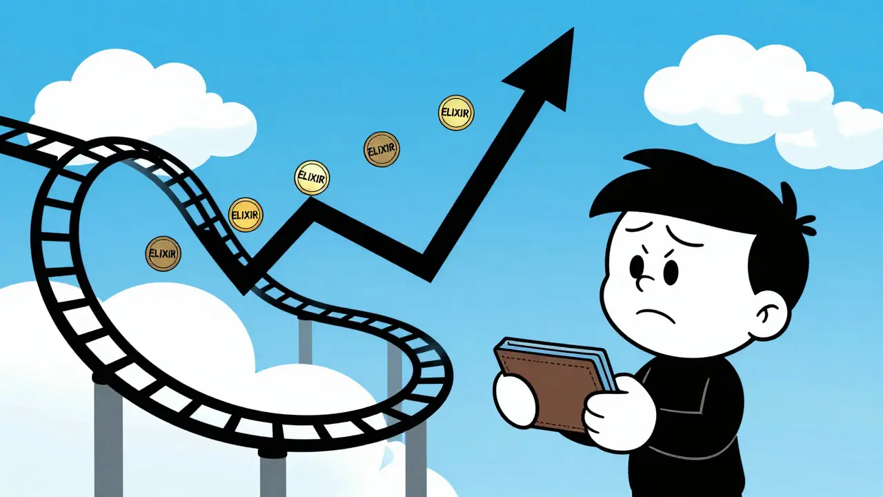 A character looking at a roller-coaster market track with tokens in a vintage cartoon style.