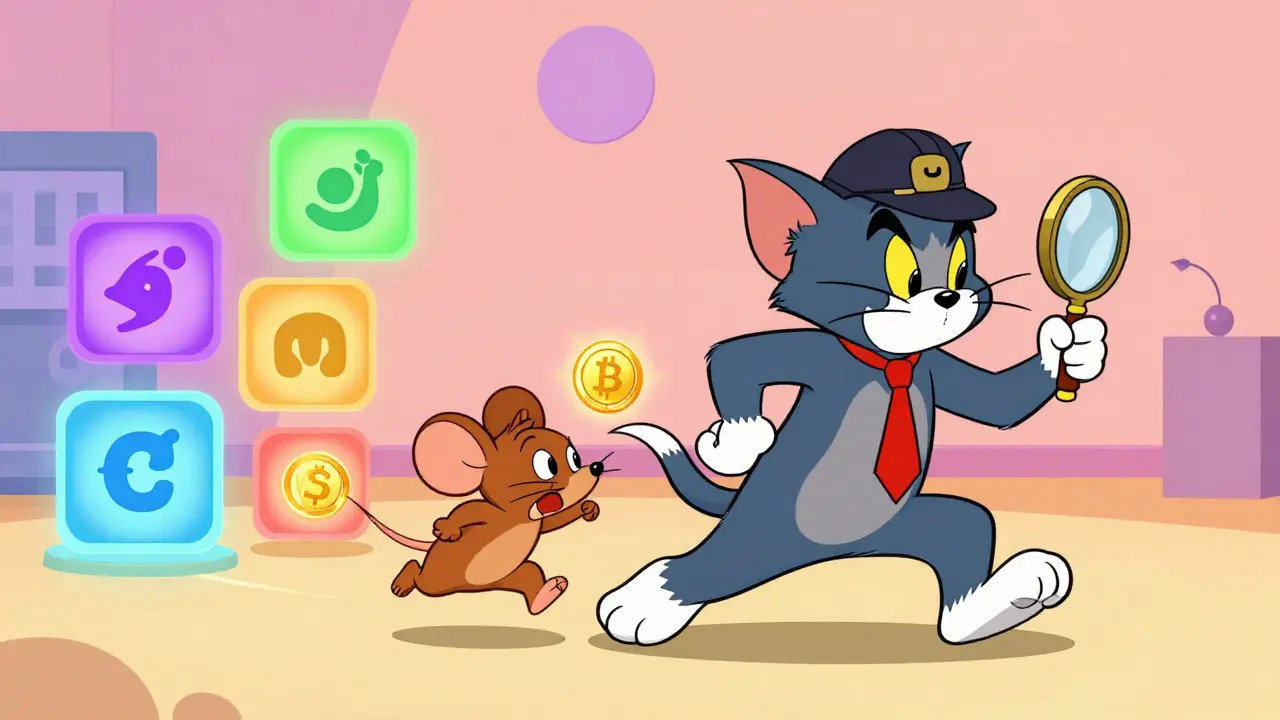 A detective cat chasing a mouse through digital portals with a gold coin.
