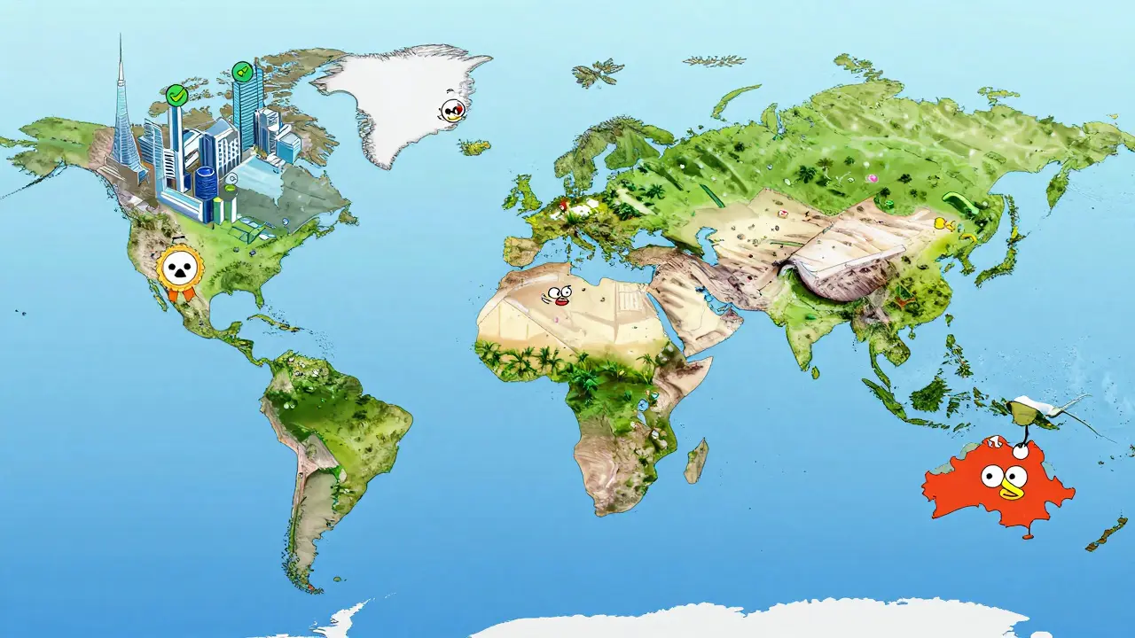 A global map showing regulated digital real estate zones and a chaotic metaverse overlap.