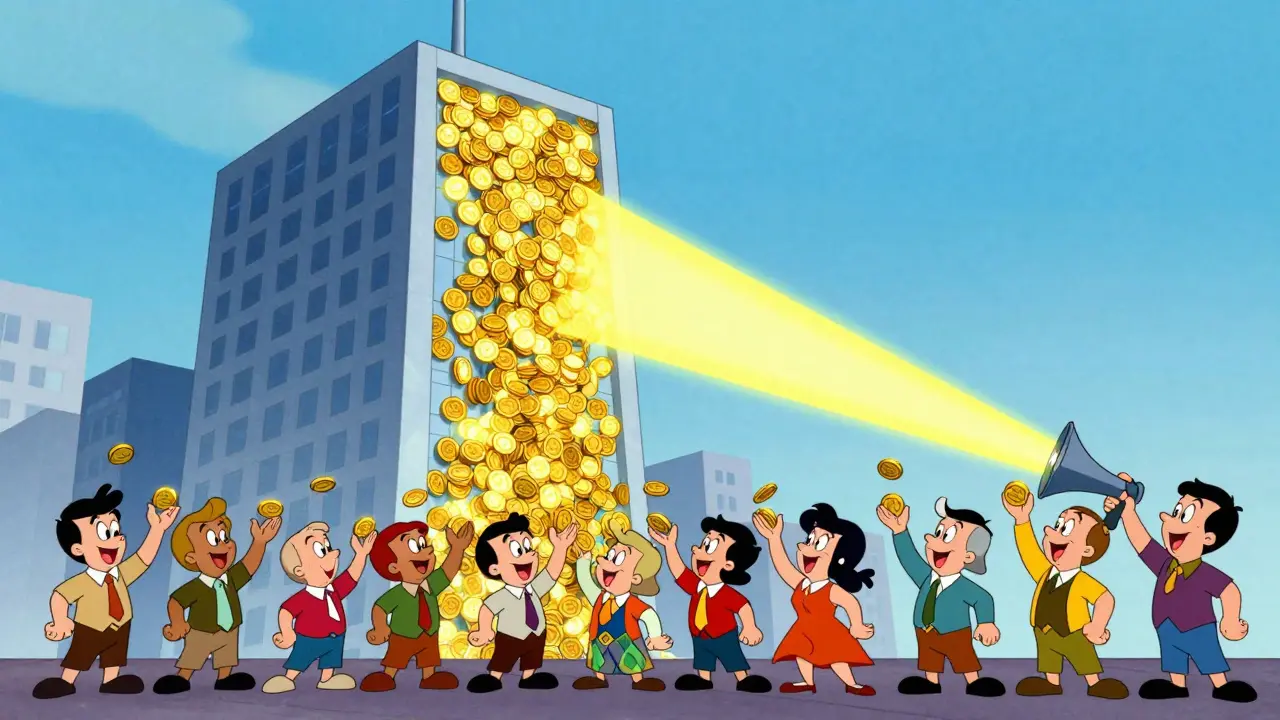 A large building being divided into many small digital tokens for regular investors to collect.