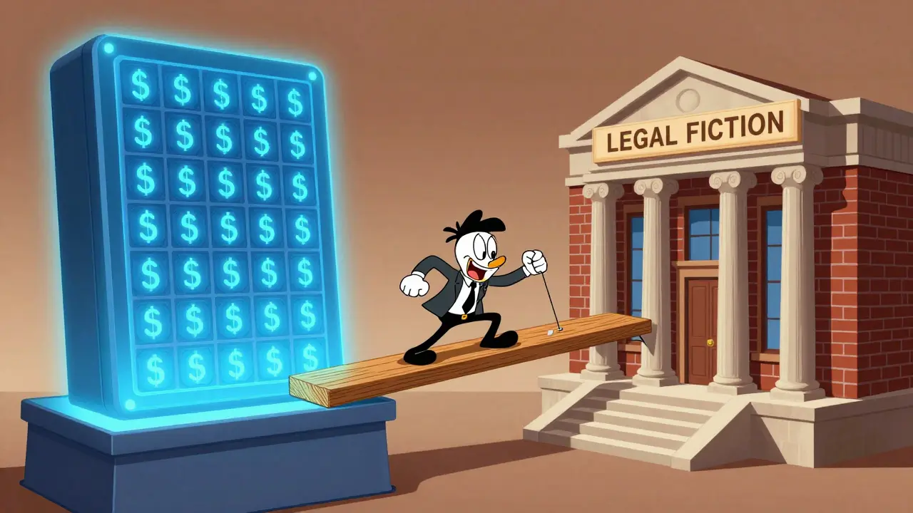 A lawyer building a bridge between a digital blockchain ledger and a traditional courthouse.